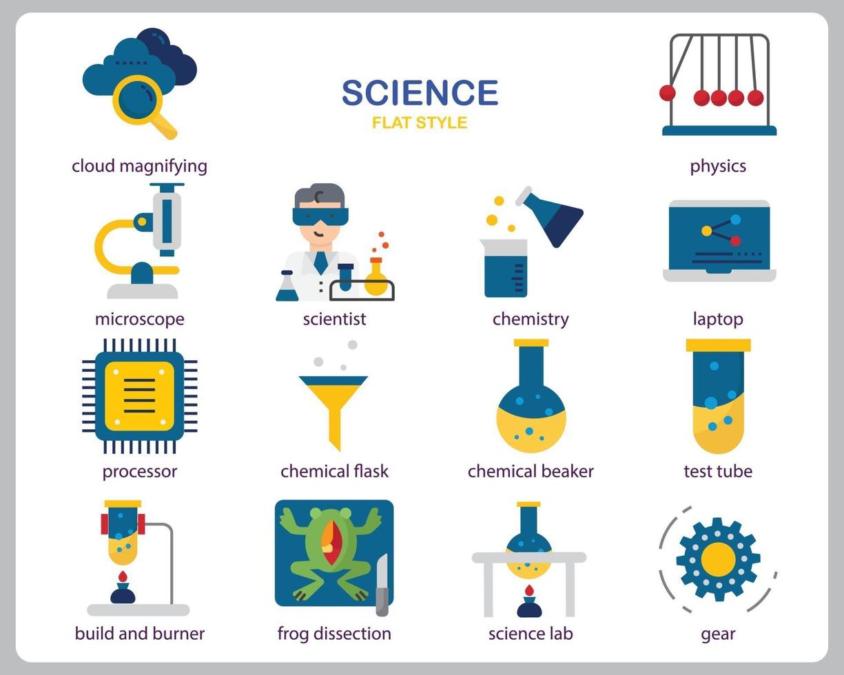 vetenskapssymbolsuppsättning för webbplats, dokument, affischdesign, utskrift, applikation. vetenskap koncept ikon platt stil. vektor