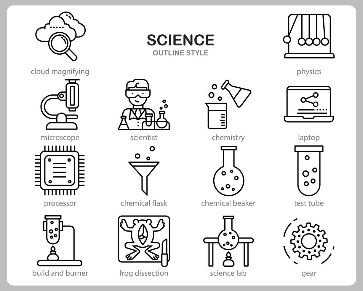 vetenskapssymbolsuppsättning för webbplats, dokument, affischdesign, utskrift, applikation. vetenskap koncept ikon dispositionsformat. vektor