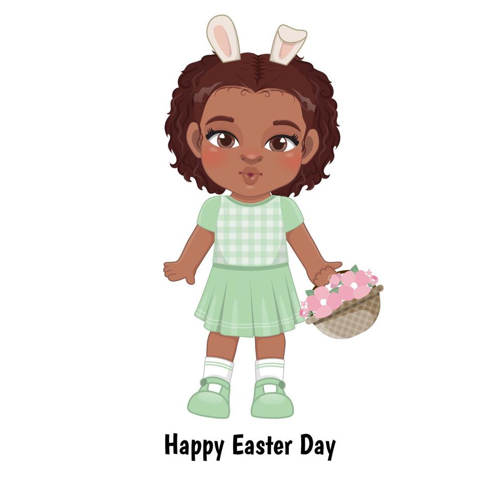 glücklich Ostern Tag mit Hase schwarz Mädchen halten Frühling Blume Korb Karikatur Charakter vektor