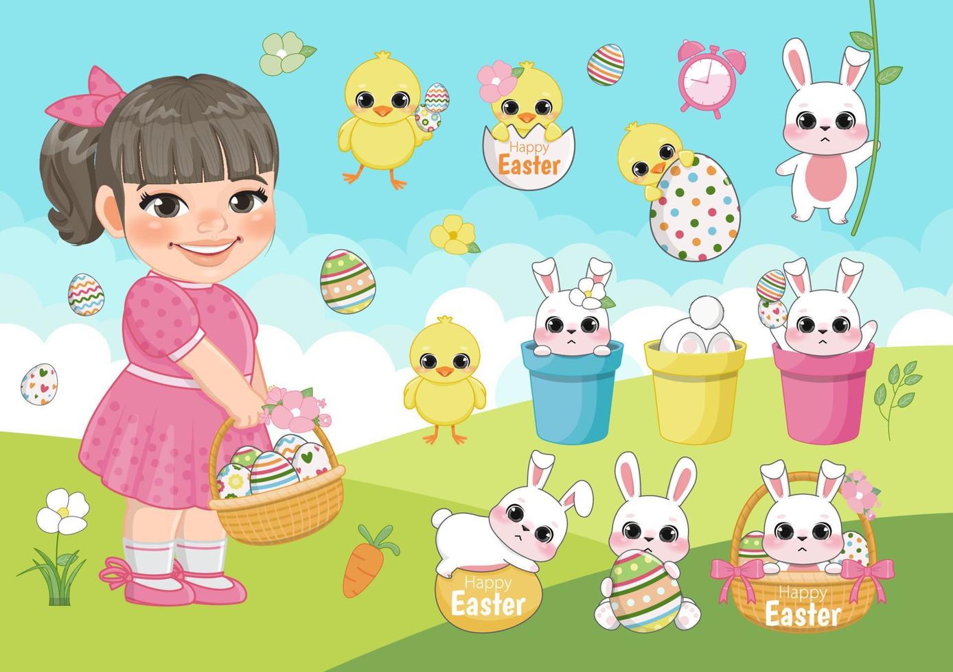 Ostern Sammlung von süß Mädchen und Tiere, Frühling Blumen und Dekorationen. perfekt zum Poster, Karte, Scrapbooking , Schild, Einladung, Aufkleber Bausatz. Karikatur Charakter Design Vektor