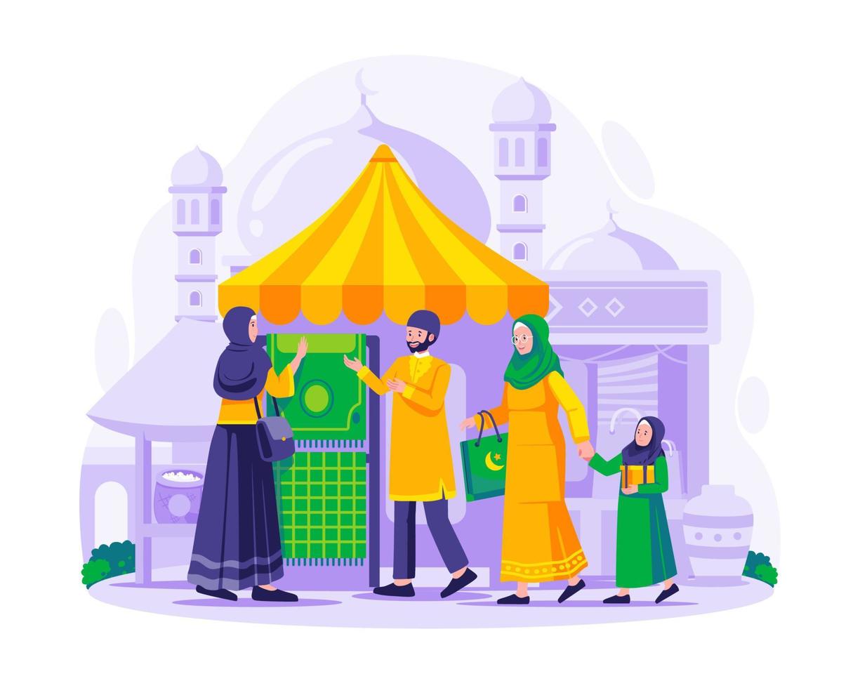 muslim människor är handla på en traditionell gata marknadsföra. ramadan försäljning och handla begrepp illustration vektor