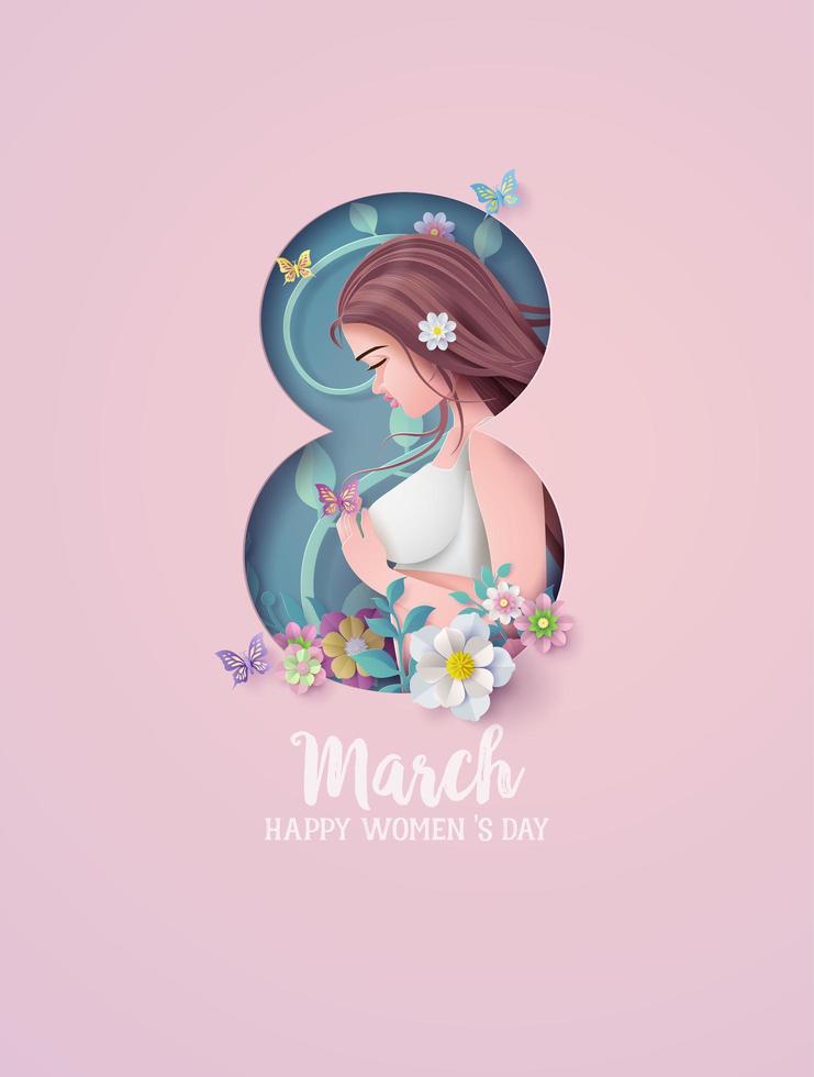 internationell kvinnodag 8 mars med ram av blomma och löv vektor