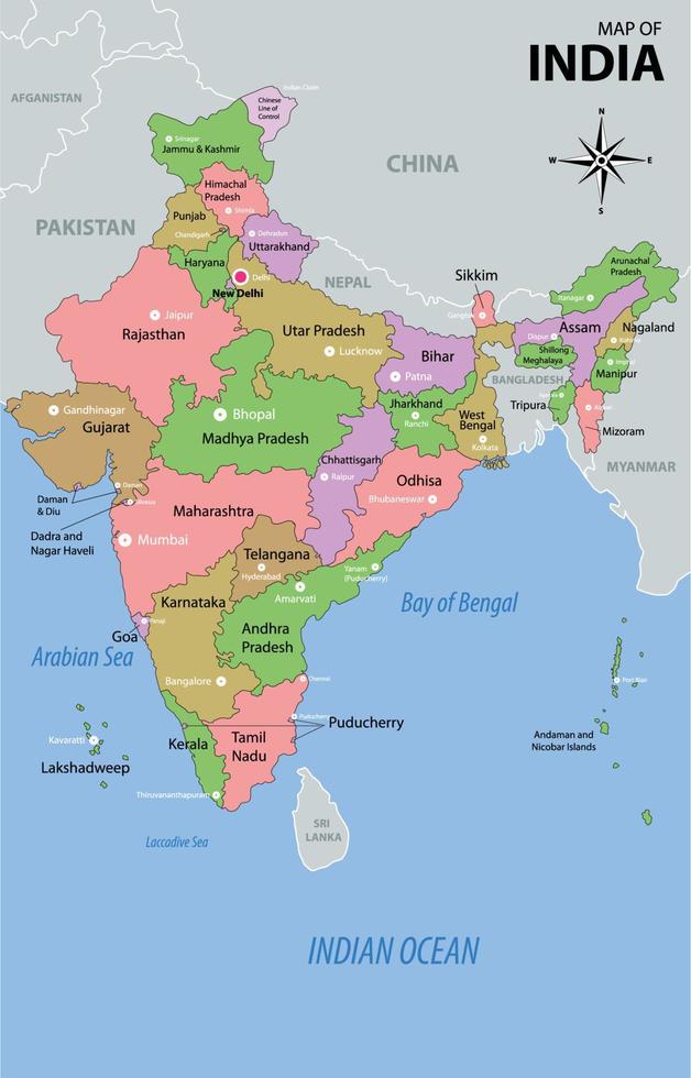 Karta av Indien och omgivande gränser vektor