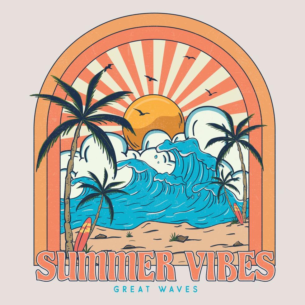 Vektor Palme Baum, Sonnenuntergang, Sonnenaufgang, Surfbrett, Vektor Grafik drucken Design. Sommer- Paradies Stimmung großartig Wellen. Sommer- Stimmung tropisch Grafik drucken Design.