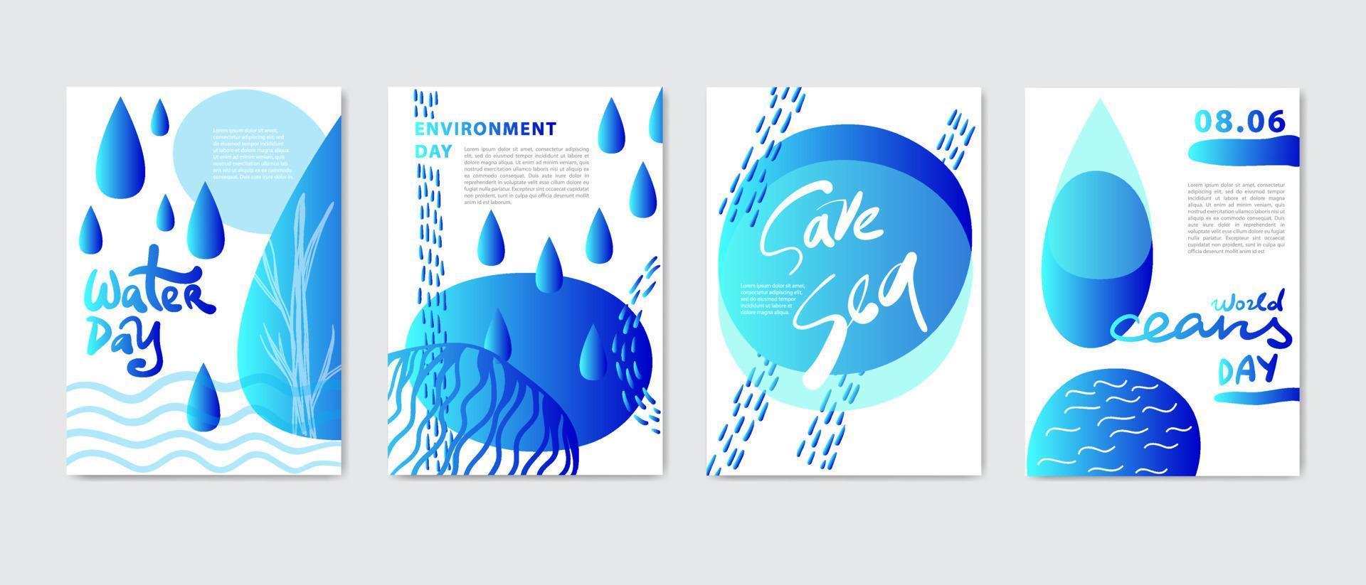 Öko Abdeckungen, Vorlagen Satz, Plakate mit geometrisch, tropfen, Regenwasser, Natur Elemente. Vektor Illustrationen. Wasser Tag, Umgebung Tag, Ozeane Tag