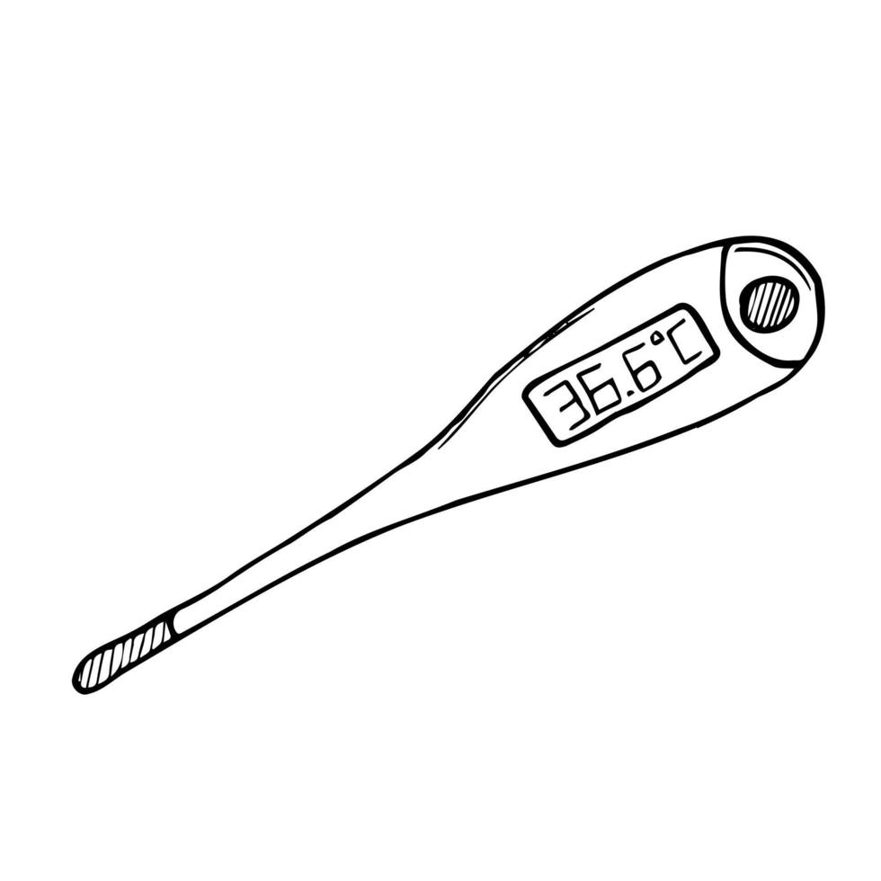 medicinsk termometer hand dragen översikt klotter ikon. digital medicinsk verktyg för mätning och indikerar kropp temperatur. vektor skiss illustration för skriva ut, webb, mobil på vit bakgrund.