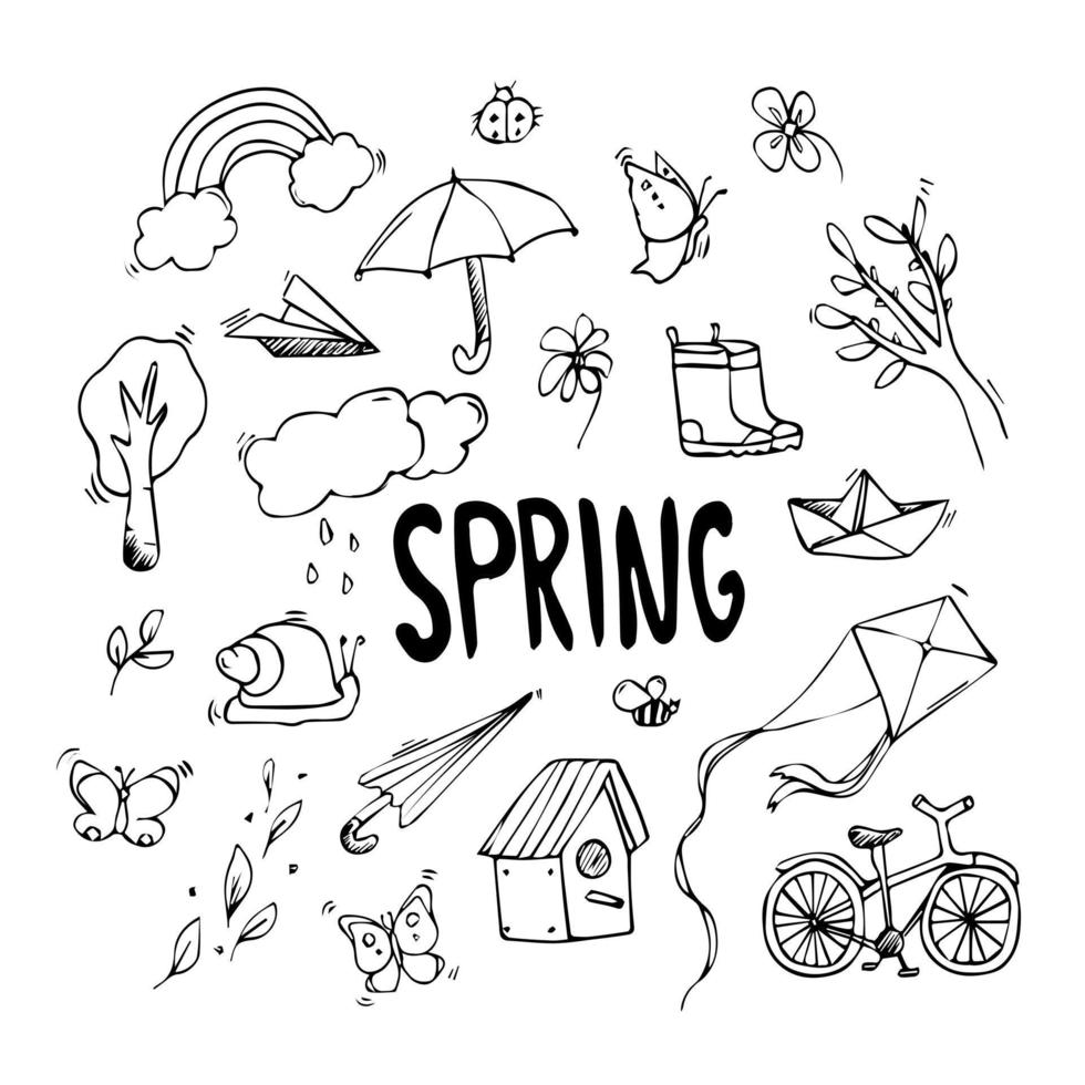 Hand gezeichnet Frühling Gekritzel einstellen Hintergrund mit schwarz Beschriftung. Vektor einfach Kritzeleien, Frühling und Sommer- Konzept