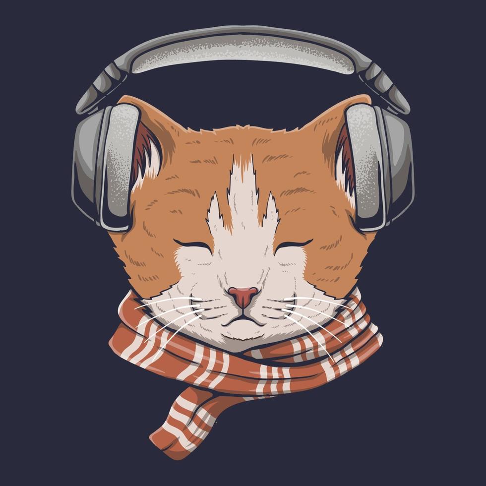 katt med hörlurar lyssnar musik vektorillustration vektor
