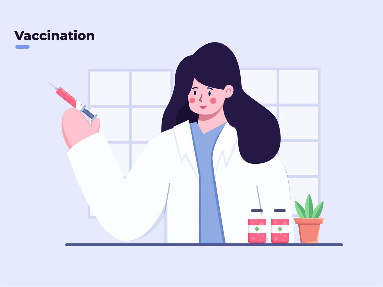 flache Illustration Arzt bringt Covid-19-Coronavirus-Impfstoff mit Spritze, Covid-19-Impfstoff gebrauchsfertig, Zeit bis zur Impfung, Ende der Coronavirus-Pandemie, Covid-19-Coronavirus-Medizin. vektor