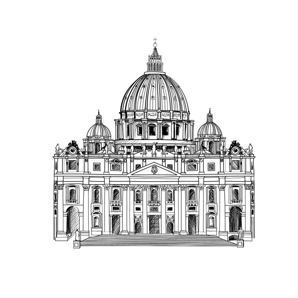 rom stad resa landmärke saint peter katedral. italiensk berömd plats San Pietro arkitektonisk ikon. hand gryning doodle skiss turist Vatikanens symbol över vit bakgrund vektor