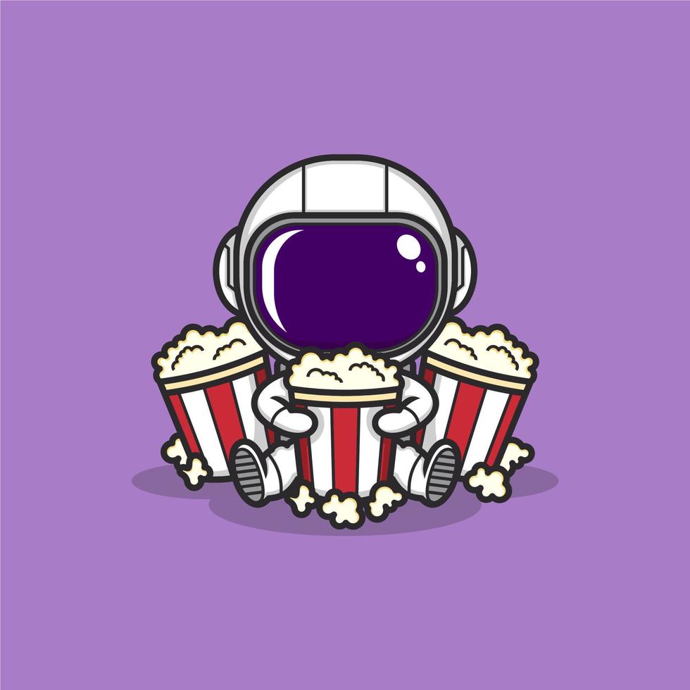 söt tecknad serie astronaut äter popcorn vektor