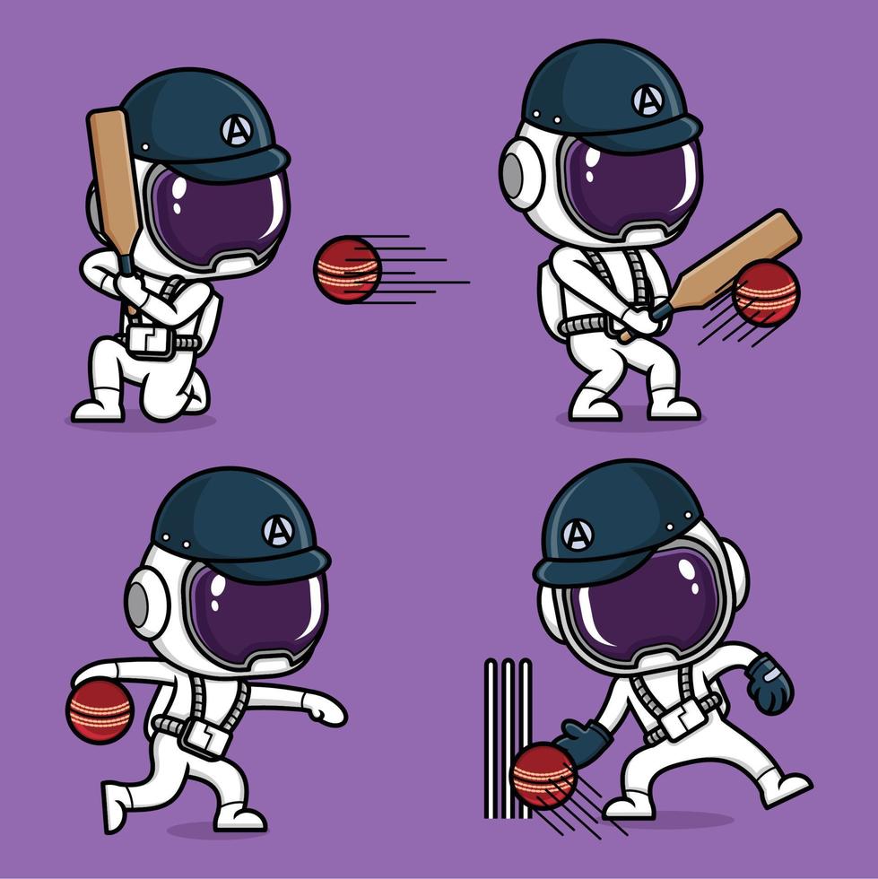 rolig tecknad serie astronaut sporter cricket vektor