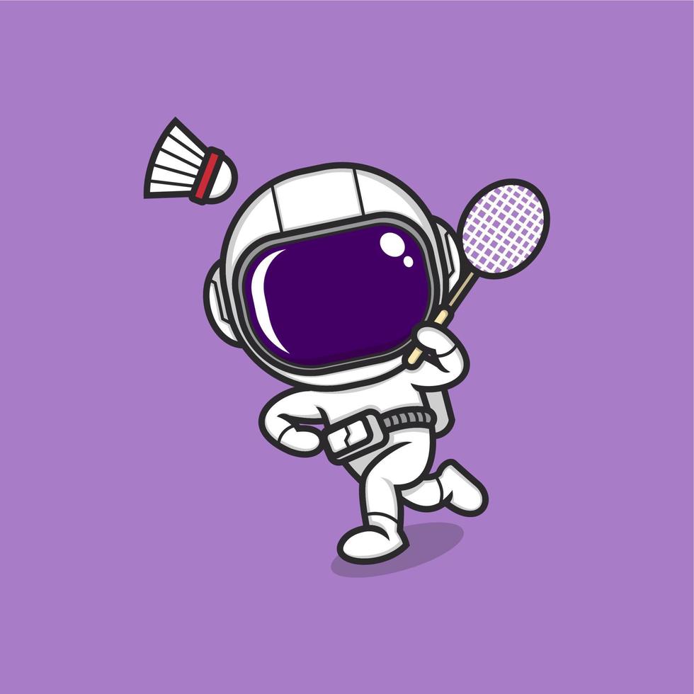 söt tecknad serie astronaut spelar badminton vektor