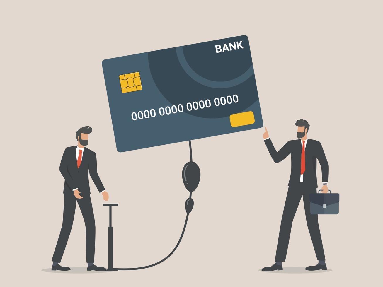 Geschäftsmann bläst eine Kreditkarte, zusätzliches Geschäftsschuldenkonzept vektor