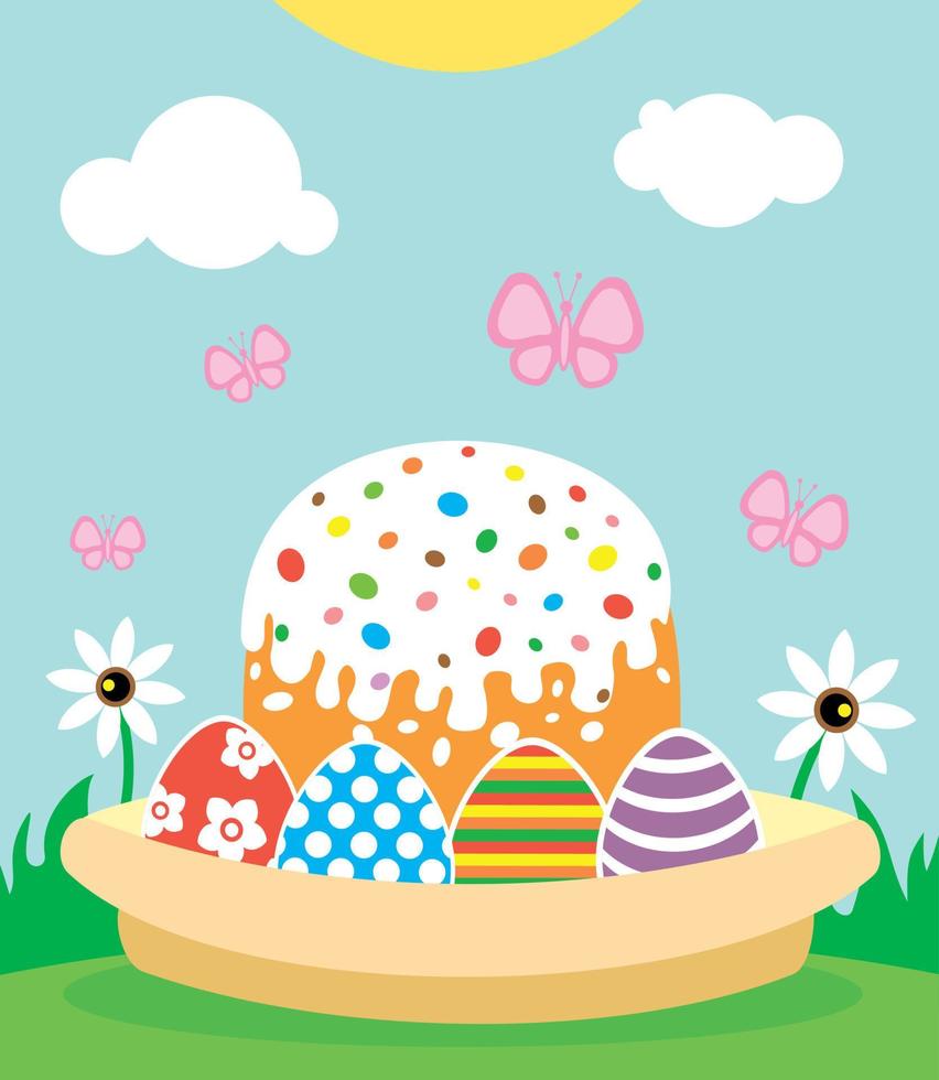 Lycklig påsk bakgrund kort med kaka och ägg vektor
