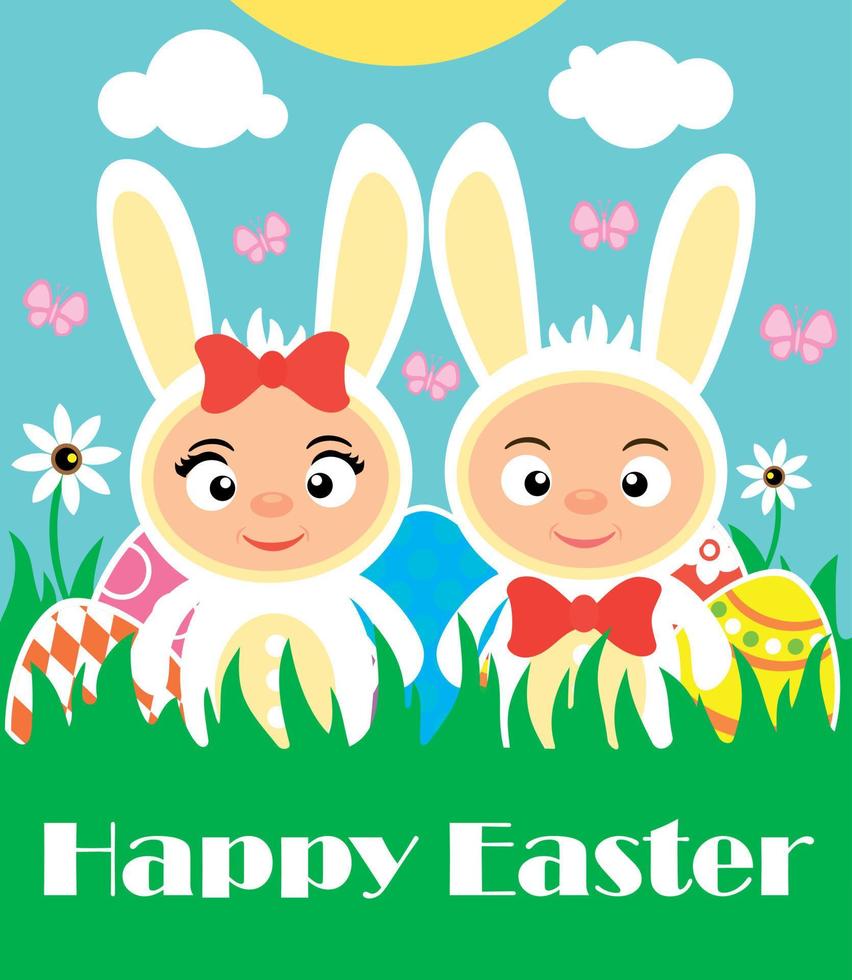 glücklich Ostern Hintergrund mit Kinder im Weiß Kaninchen Kostüm vektor