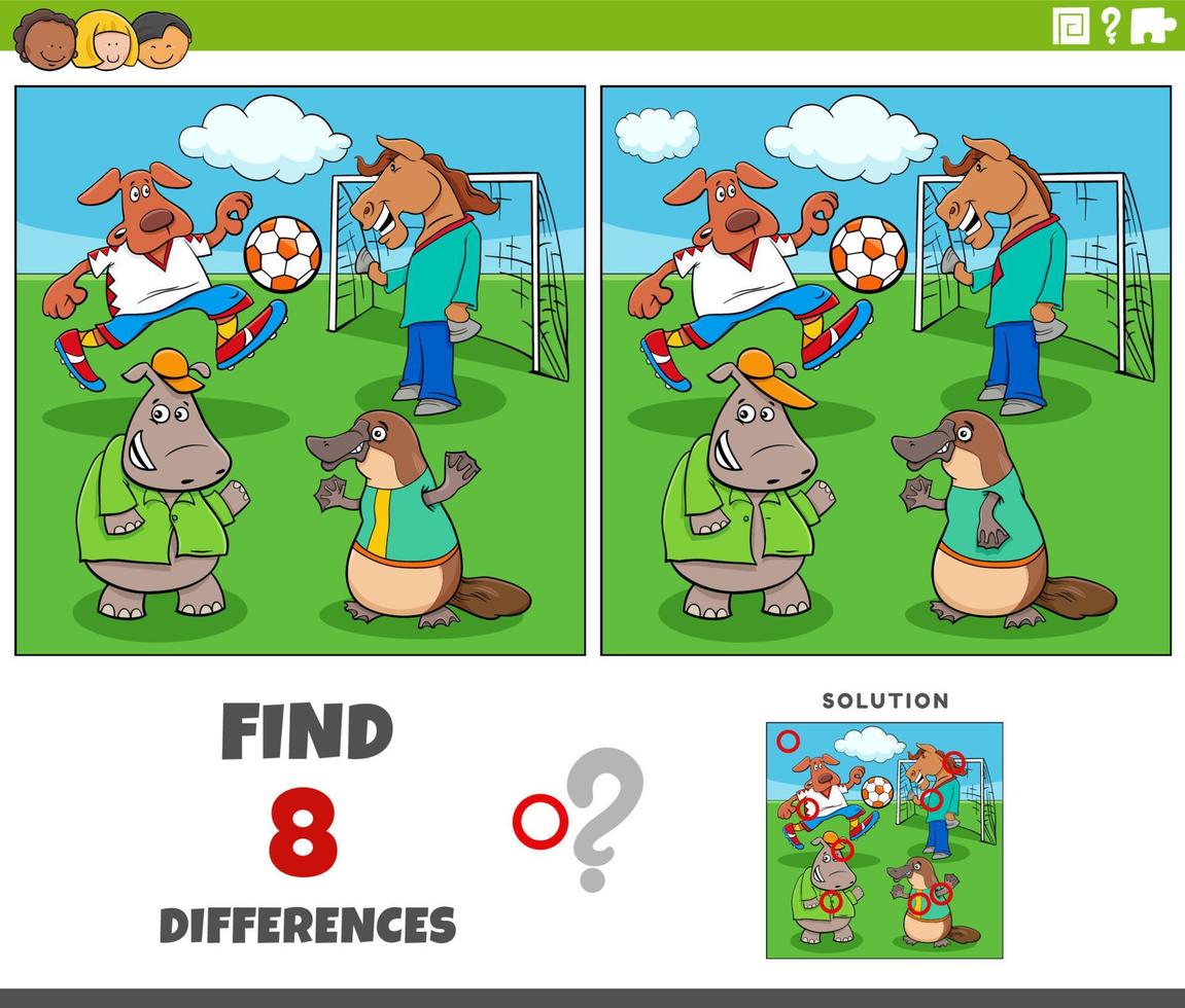 skillnader uppgift med tecknad serie djur spelar fotboll vektor