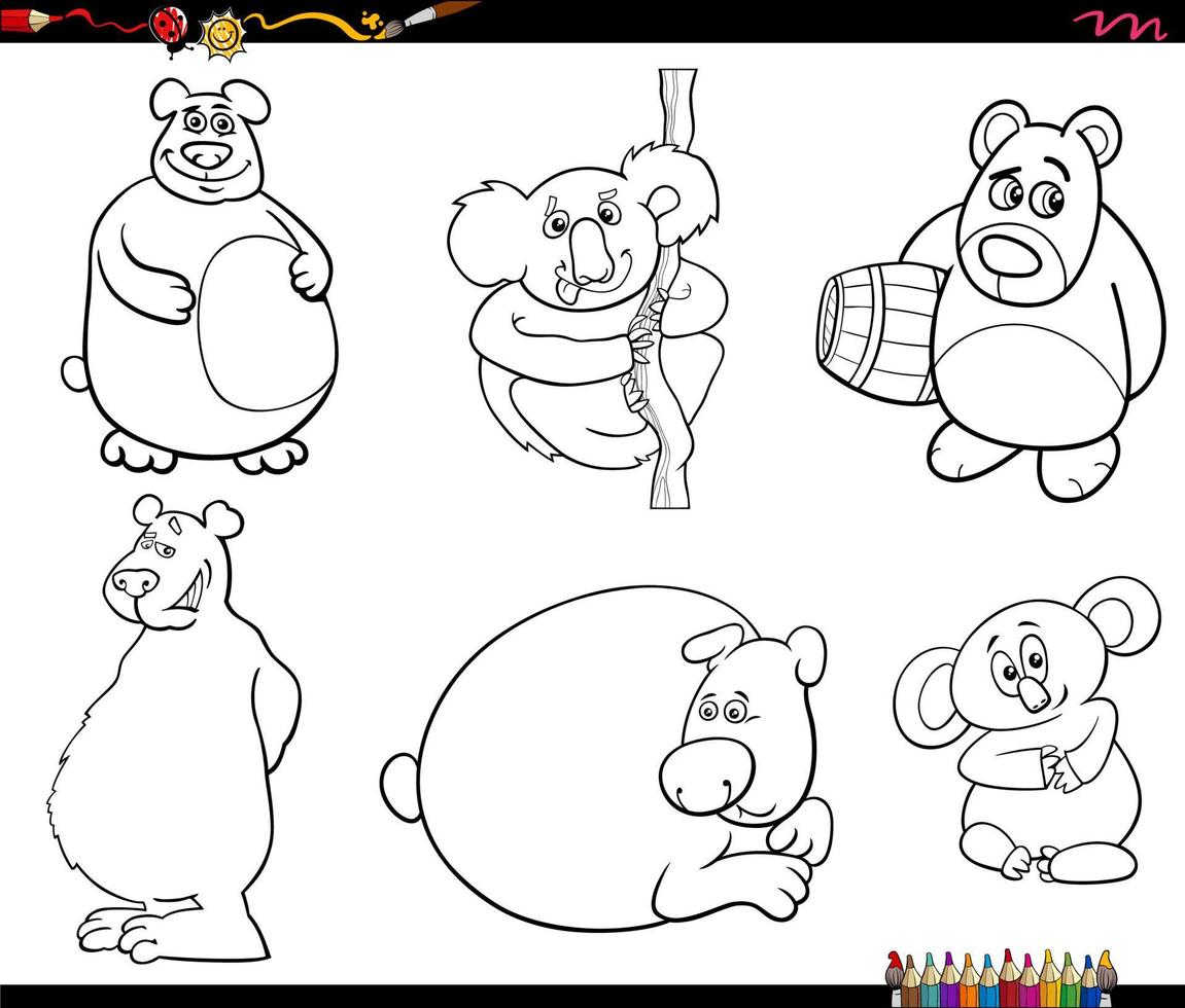 rolig tecknad serie björnar djur- tecken uppsättning färg sida vektor