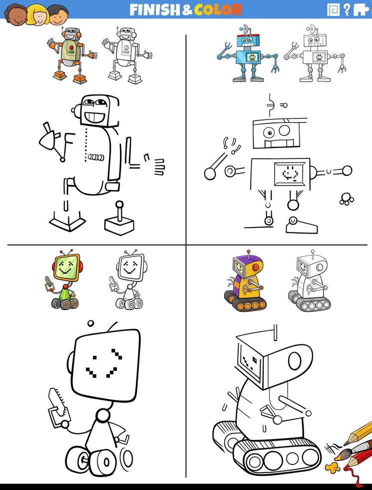 Zeichnung und Färbung Arbeitsblätter einstellen mit Roboter Zeichen vektor