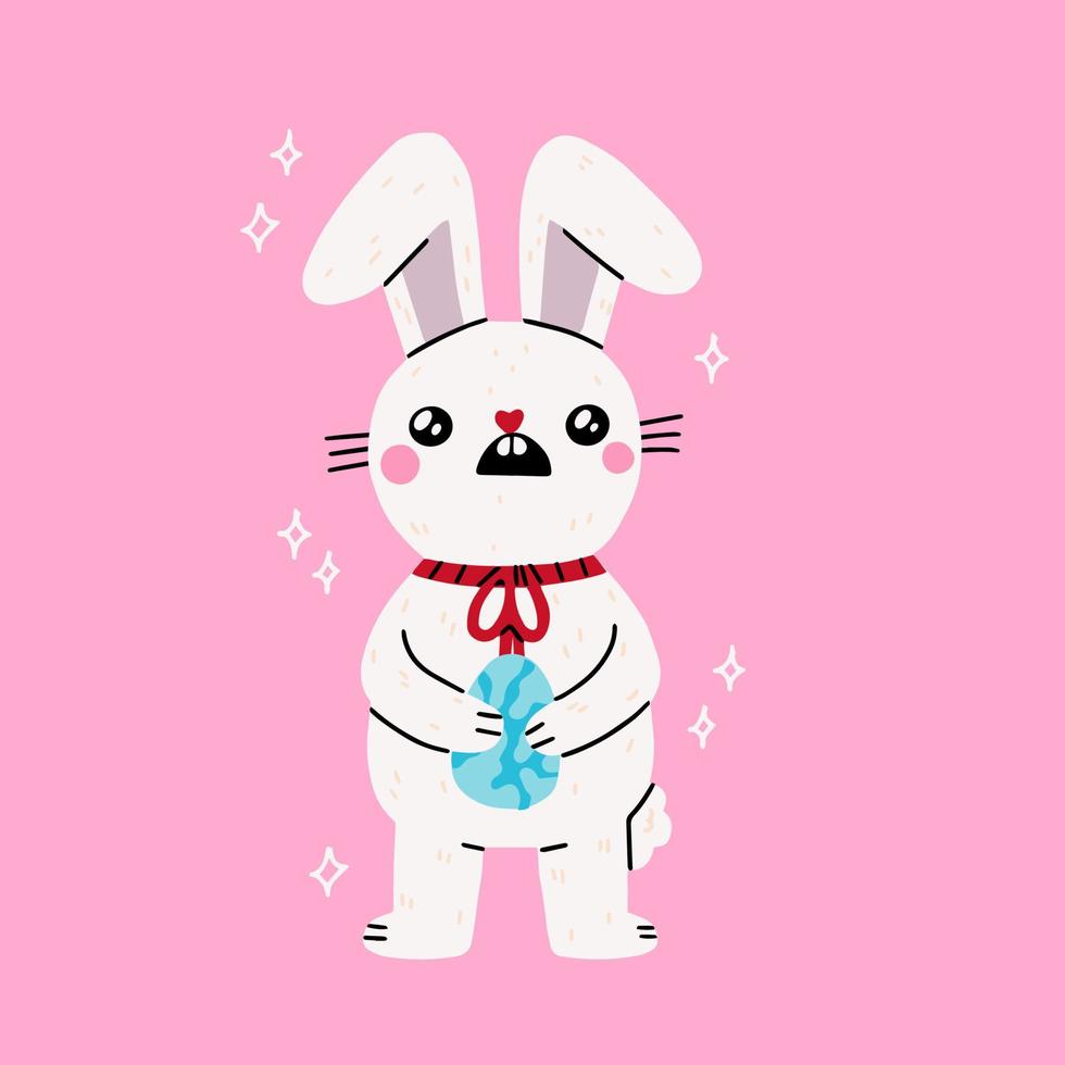 rolig söt kanin med ägg och blomma. rolig djur- karaktär. platt tecknad serie färgrik vektor illustration. kreativ Semester sammansättning. söt tecknad serie karaktär. Lycklig påsk hälsning kort mall.