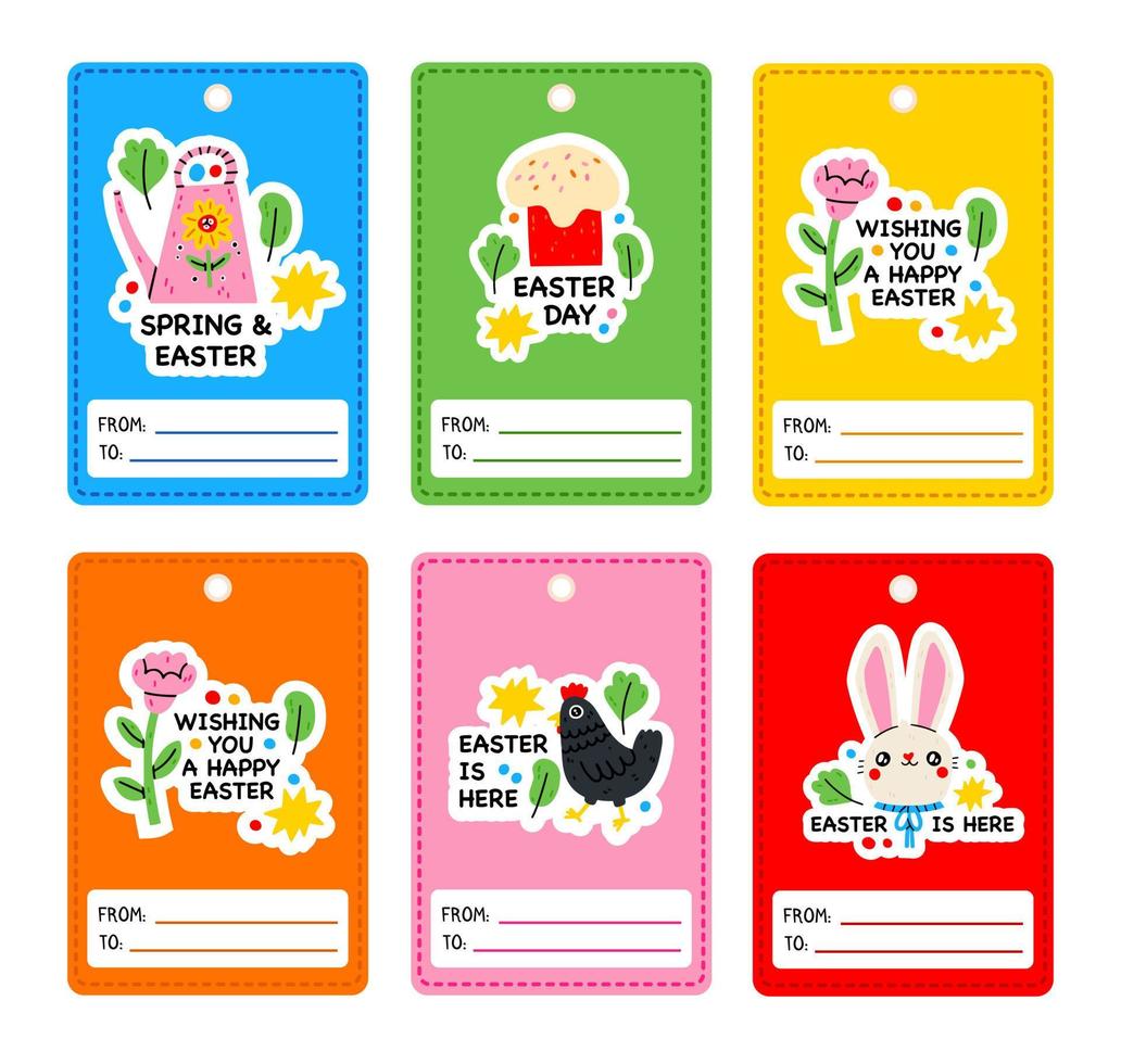 uppsättning av påsk gåva taggar och etiketter med tecknad serie tecken och typ design.påsk märka samling med färgrik kaniner. baner mallar. Lycklig påsk. märka med blomma, vattning burk, påsk kaka vektor