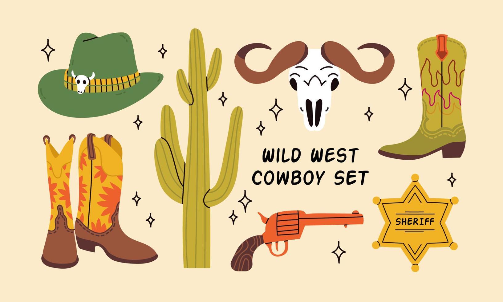 cowboy Västra tema, vild väst begrepp. olika objekt. stövlar, kaktus, skalle, pistol, cowboy hatt, hästsko, sheriff bricka stjärna. hand dragen färgrik vektor uppsättning. element är isolerat