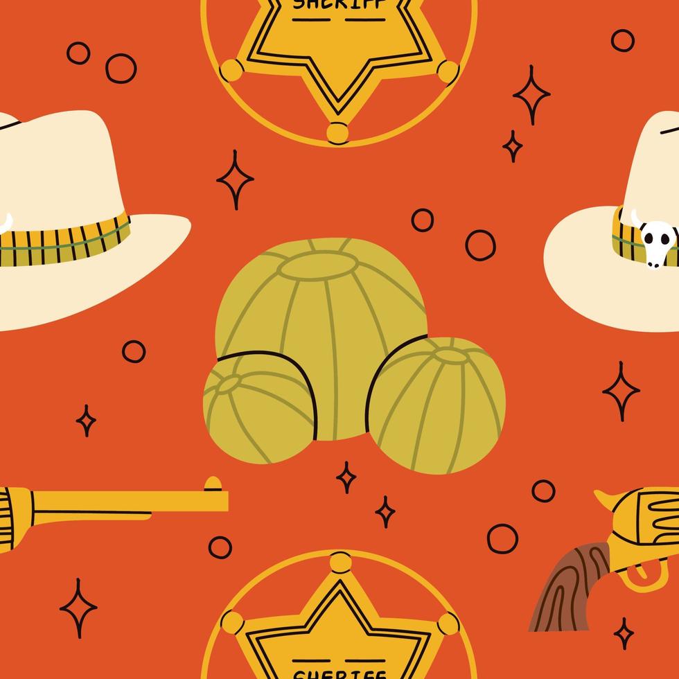 uppsättning av cowgirl Västra mönster med olika tecknad serie objekt i pastell färger. kaktus, vapen, hattar, sheriff bricka .cowboy Västra, vild väst begrepp. annorlunda ornament. hand dragen vektor