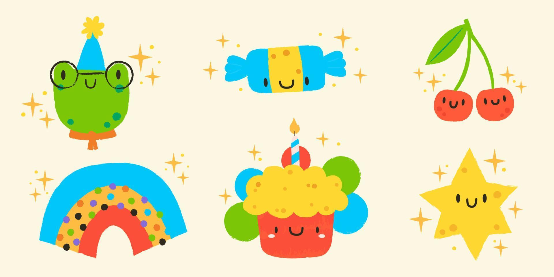 uppsättning av 6 illustrationer i söt stil. söt groda, godis, körsbär, regnbåge, kaka och stjärna.hand dragen födelsedag etiketter uppsättning vektor illustration design.glad födelsedag hälsning kort för barn