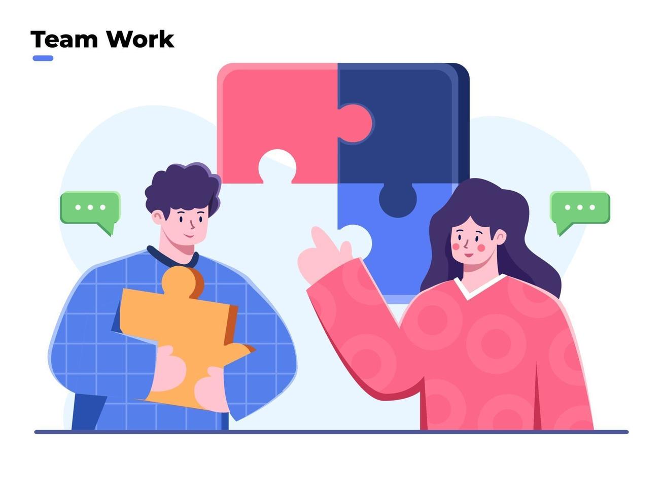 affärslag som arbetar för att lösa problem platt illustration. människor som förbinder stora pusselbitar. lagarbete diskuterar lösningsidé. teambuilding och affärspartnerskapskoncept. vektor