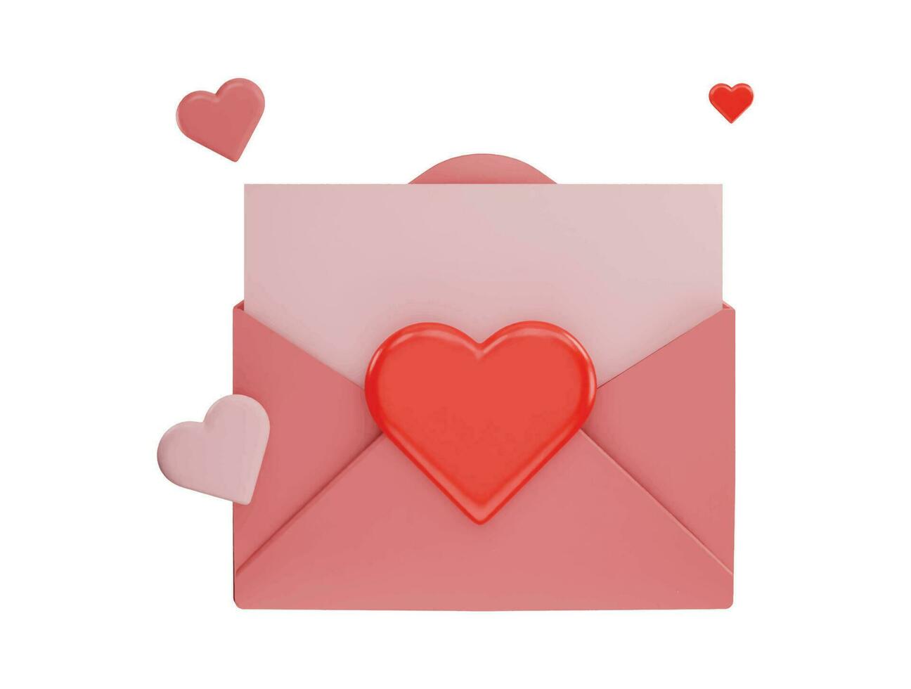en rosa kuvert med en hjärta på den och en röd hjärta på de topp med 3d vektor ikon illustration