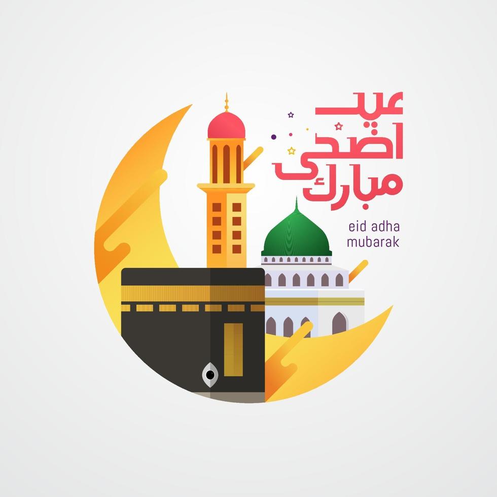 eid adha arabische Kalligraphie mit Moschee und Mond vektor