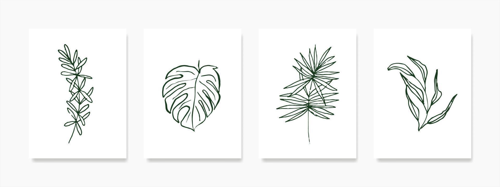 uppsättning botanisk vägg konst med grön skissat lövverk i linje konst teckning på en vit bakgrund. de abstrakt växt konst design är perfekt för grafik, täcker, och tapeter vektor