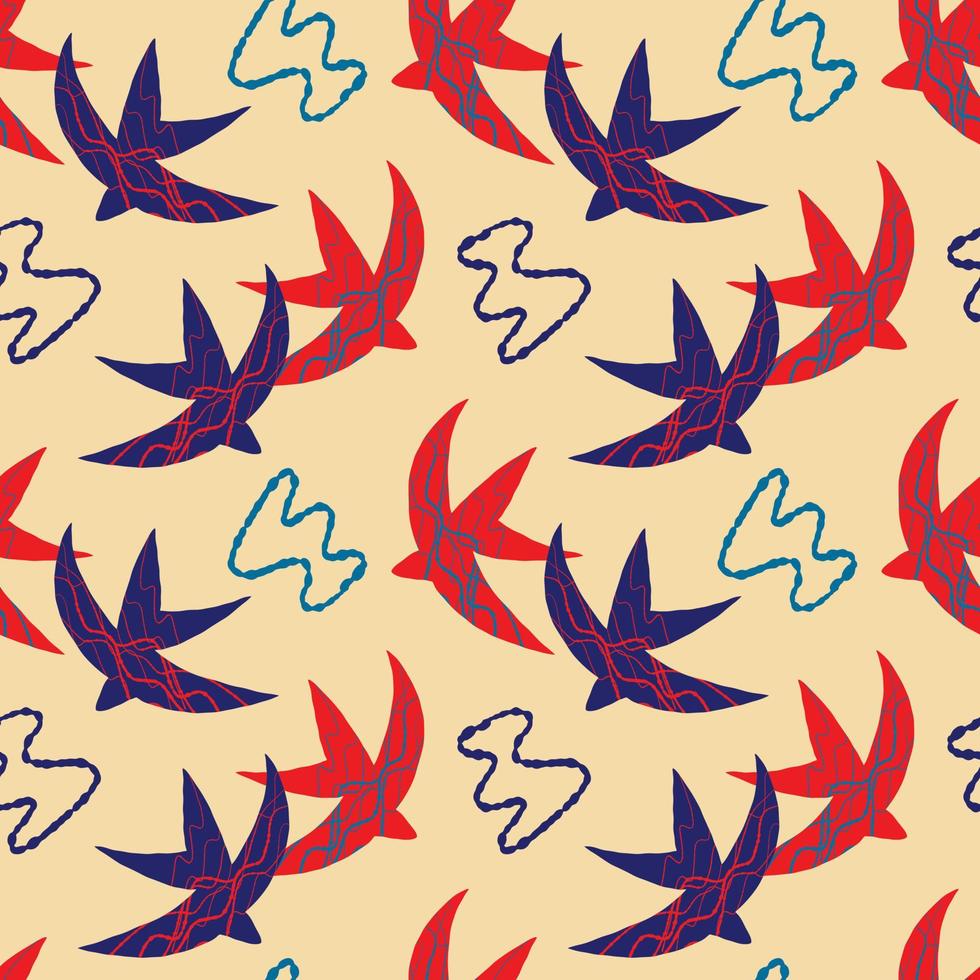 Pavektor Muster mit abstrakt hell Elemente, Sterne und Vögel im das matisse Stil auf ein Beige Hintergrund. abstrakt geometrisch Muster zum Stoffe, Kleidung Design. vektor