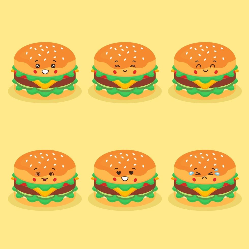 söt hamburgare med olika uttrycksuppsättning vektor
