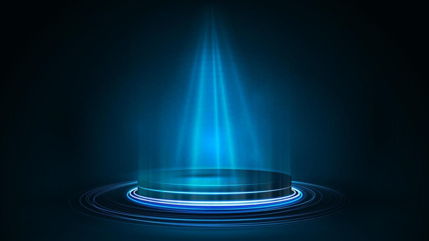 leeres blaues Podium für Produktpräsentation, realistische Vektor-Neonillustration 3d. blaue digitale Neonpodest glänzende Ringe im dunklen Raum vektor