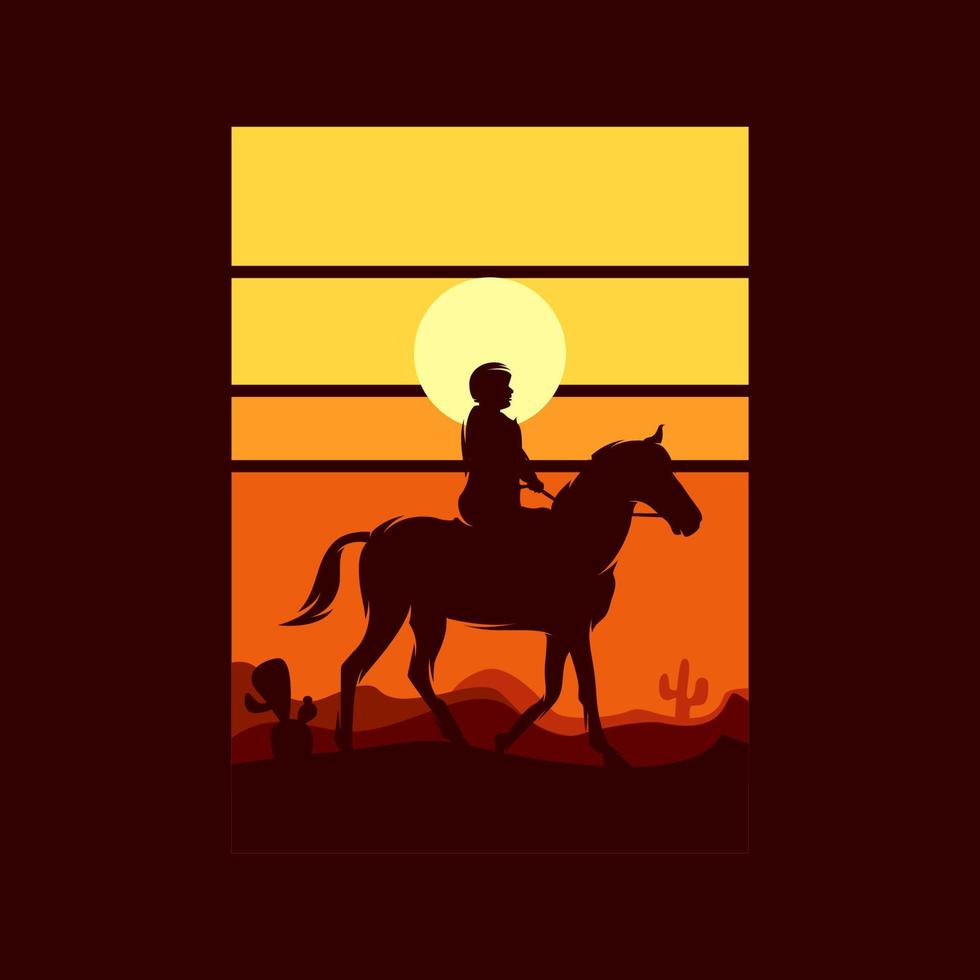 Cowboy-Reitpferd Silhouette bei Sonnenuntergang Logo vektor