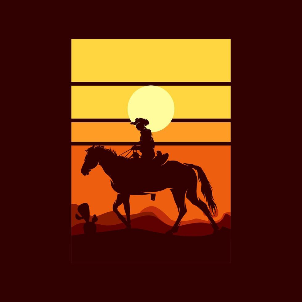 cowboy ridning häst silhuett på solnedgång logotyp vektor