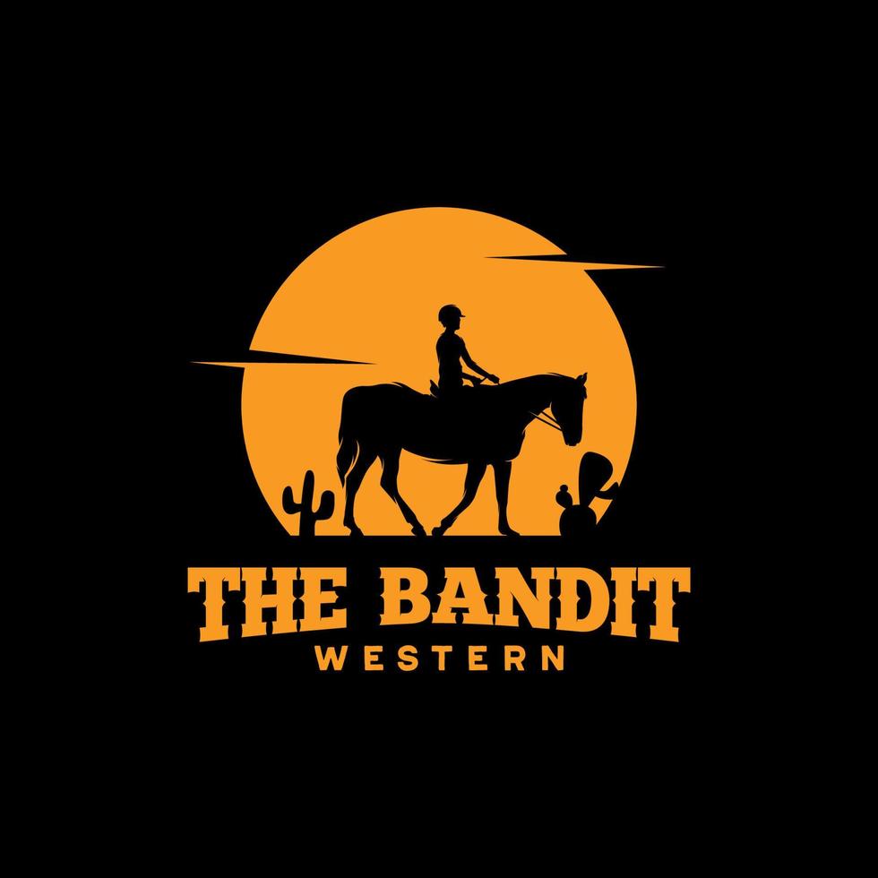 cowboy ridning häst silhuett på natt logotyp vektor