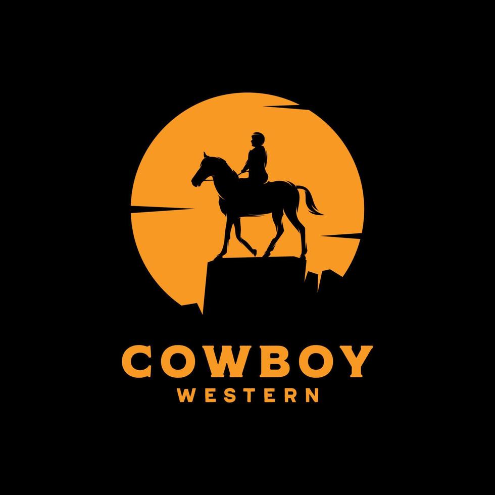 cowboy ridning häst silhuett på natt logotyp vektor