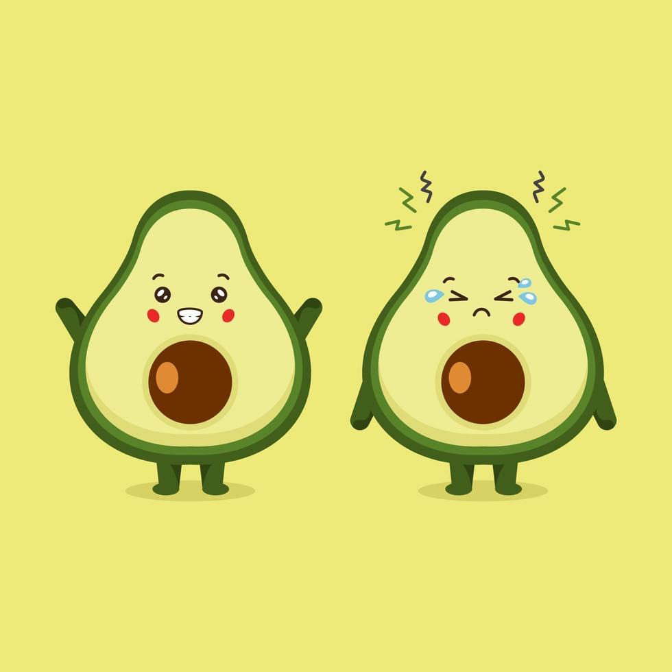 niedliche Avocado-Charaktere lächelnd und trauriges Set vektor