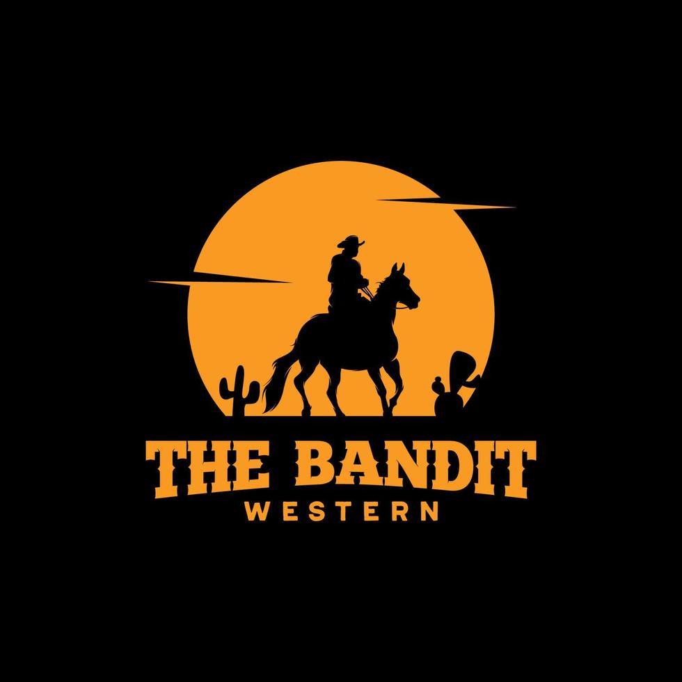 cowboy ridning häst silhuett på natt logotyp vektor