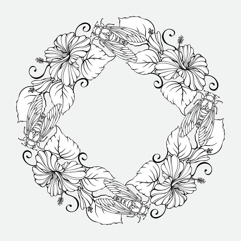 Blumen- Mandala mit Zikaden und Hibiskus Blumen. Färbung Buchseite. Vektor. vektor