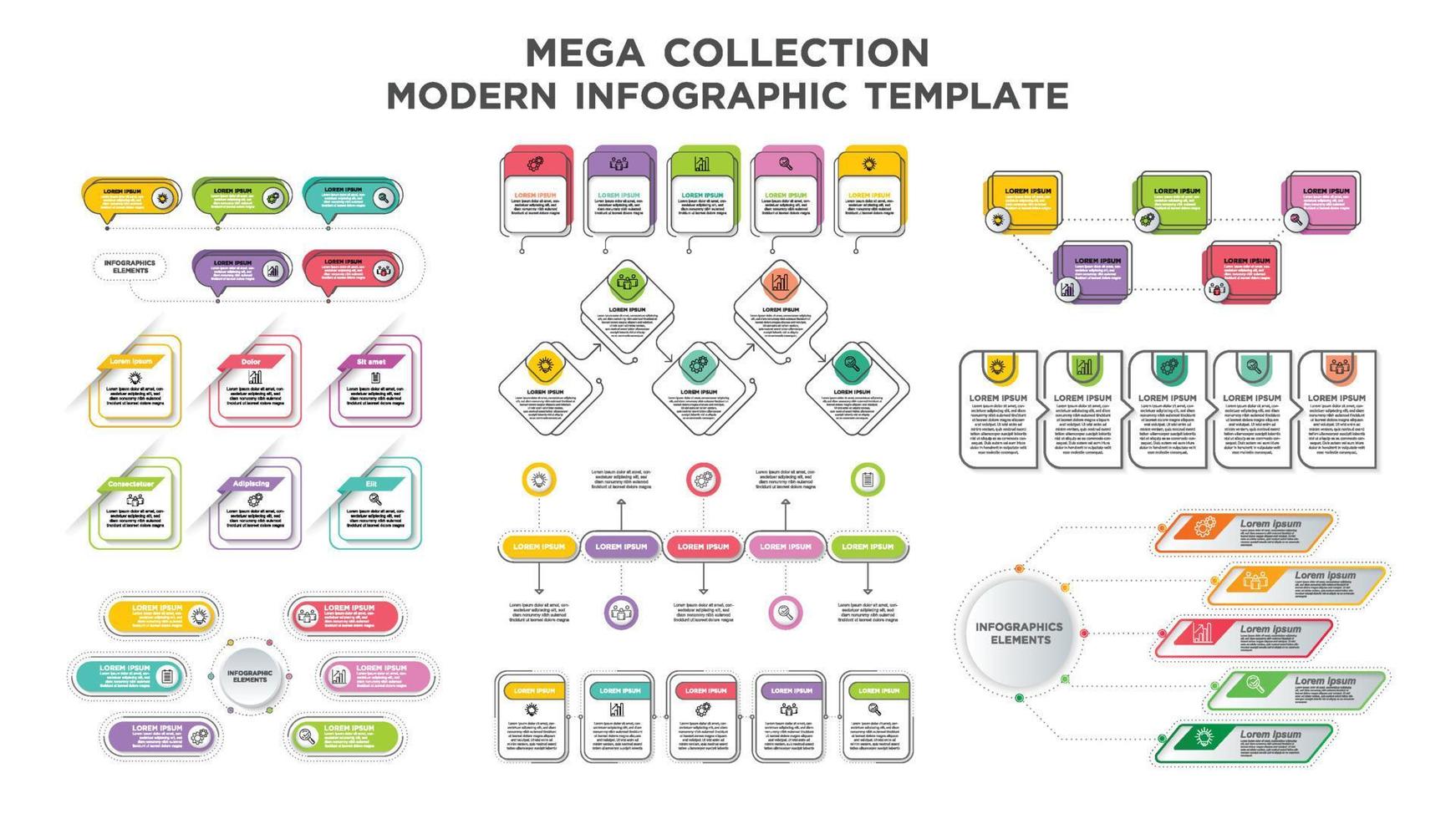 mega samling modern infographics mall. kan vara Begagnade för steg, alternativ, företag processer, arbetsflöde, diagram, flödesschema begrepp, tidslinje, marknadsföring ikoner, info grafik. vektor