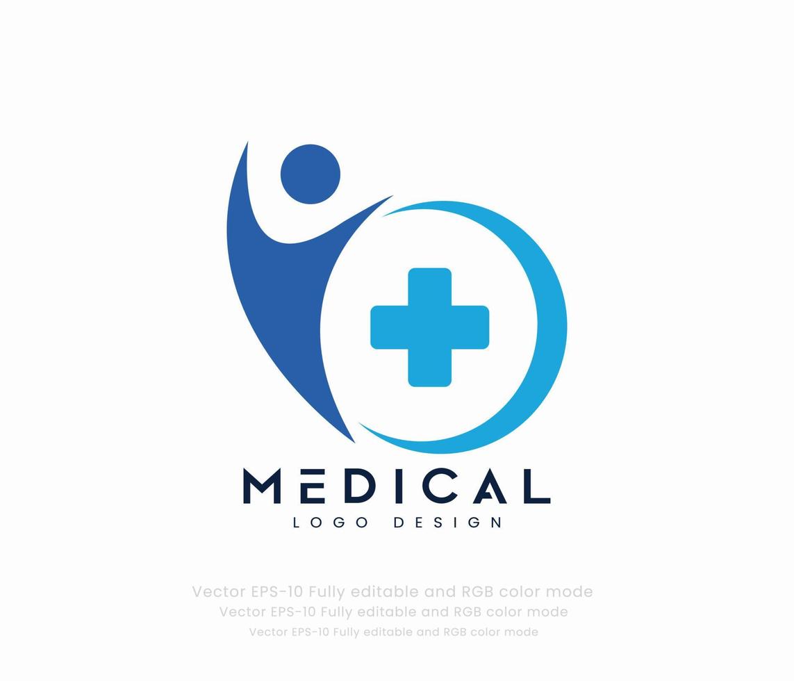 medicinsk logotyp med en blå korsa och en plus symbol vektor