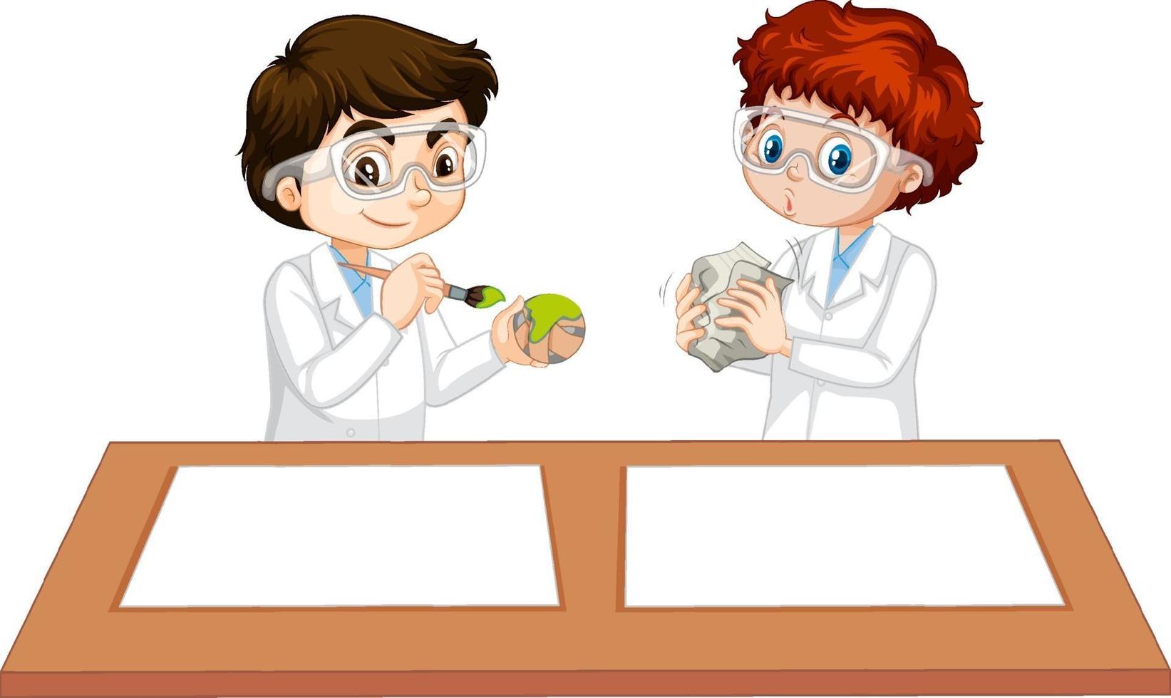 två pojkar som bär forskarklänning med tomt papper på bordet vektor