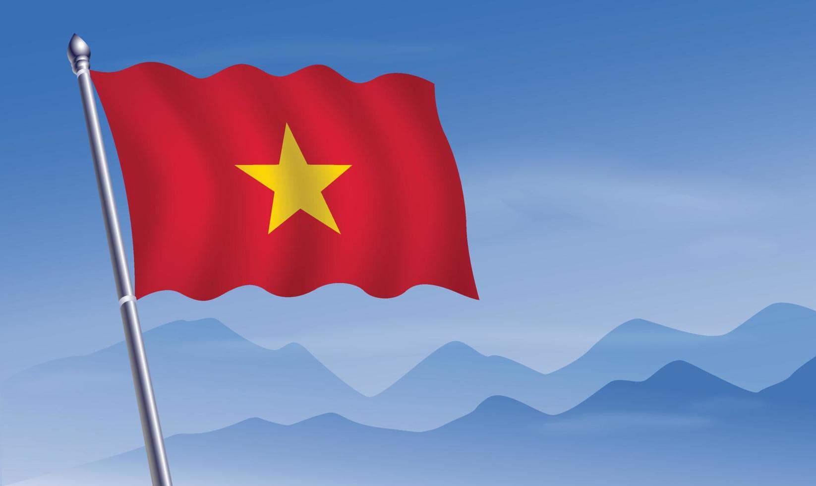 vietnam flagga med bakgrund av bergen och himmel vektor