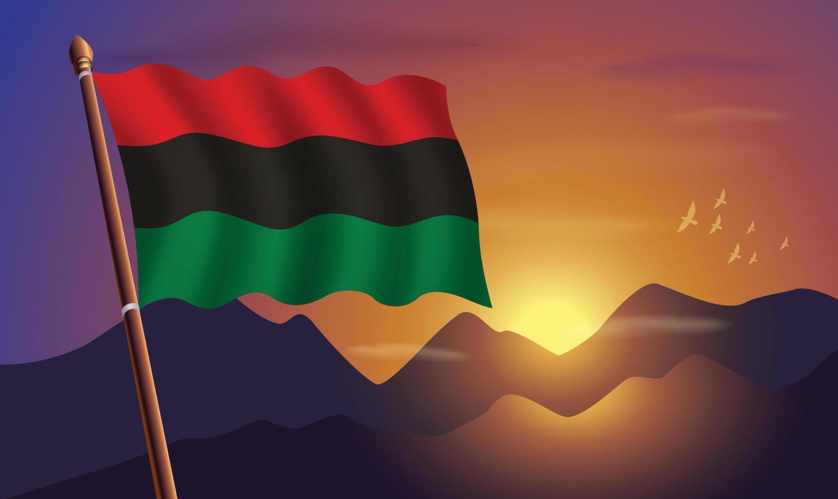 afrikanisch amerikanisch Flagge mit Berge und Sonnenuntergang im das Hintergrund vektor