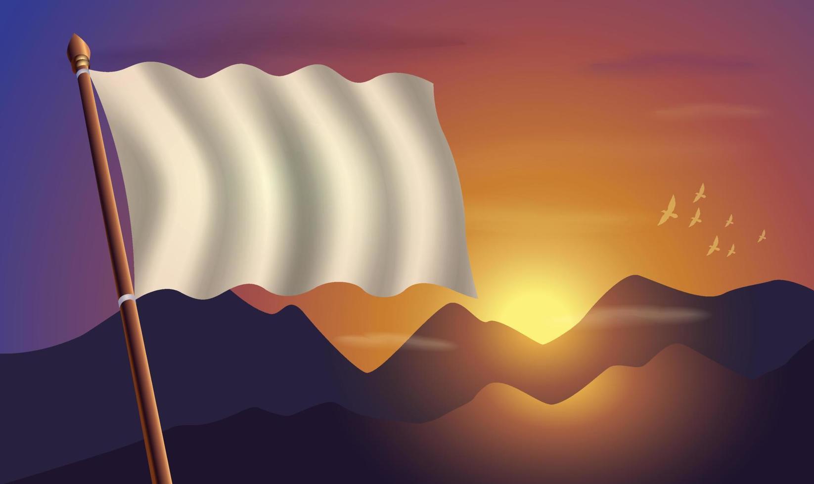 Weiß Flagge mit Berge und Sonnenuntergang im das Hintergrund vektor