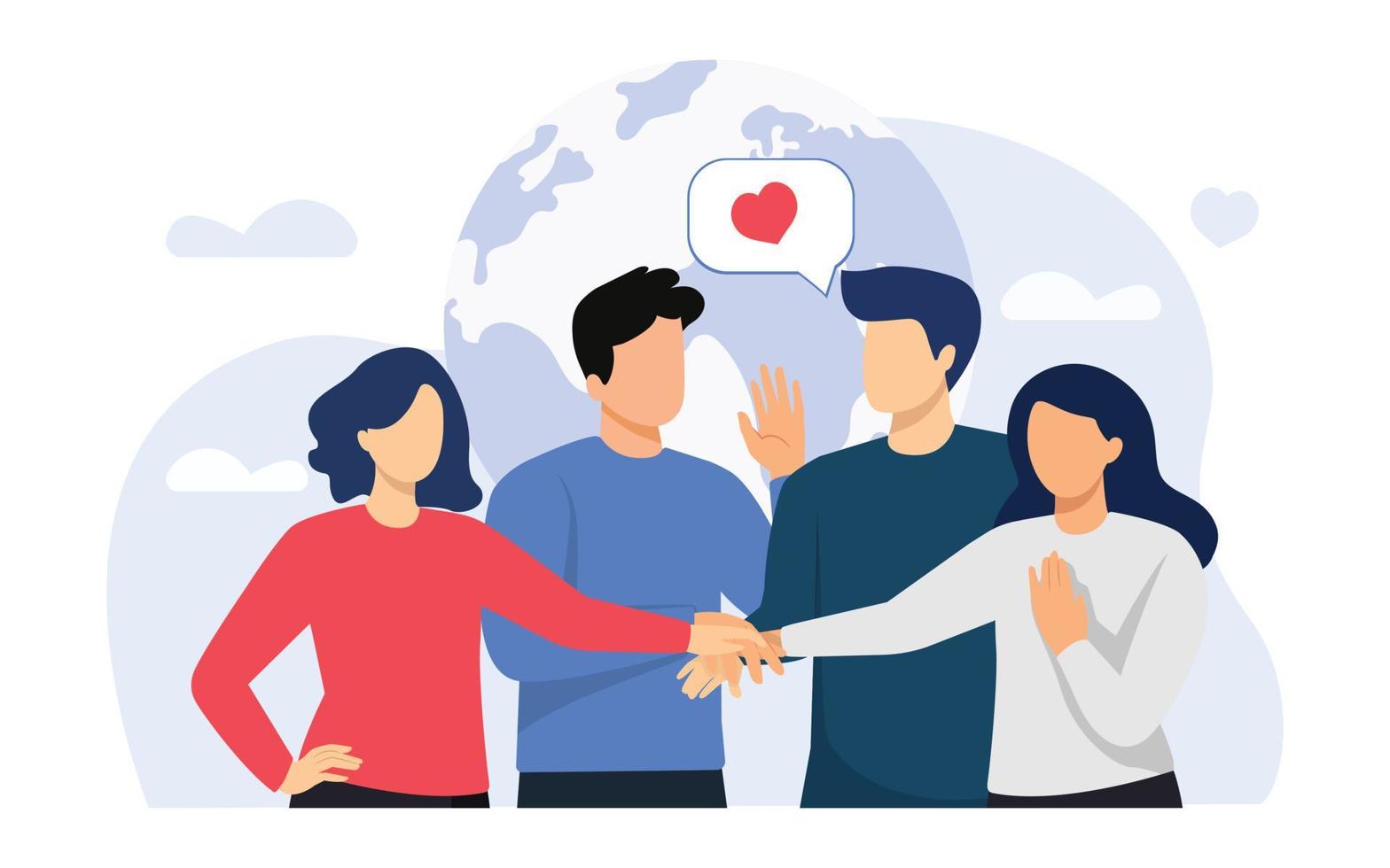 gemenskap, solidaritet av människors, mellan raser vänskap, lagarbete, volontär- begrepp. hand dragen grupp av vänlig volontärer sätta händer tillsammans. vektor illustration.