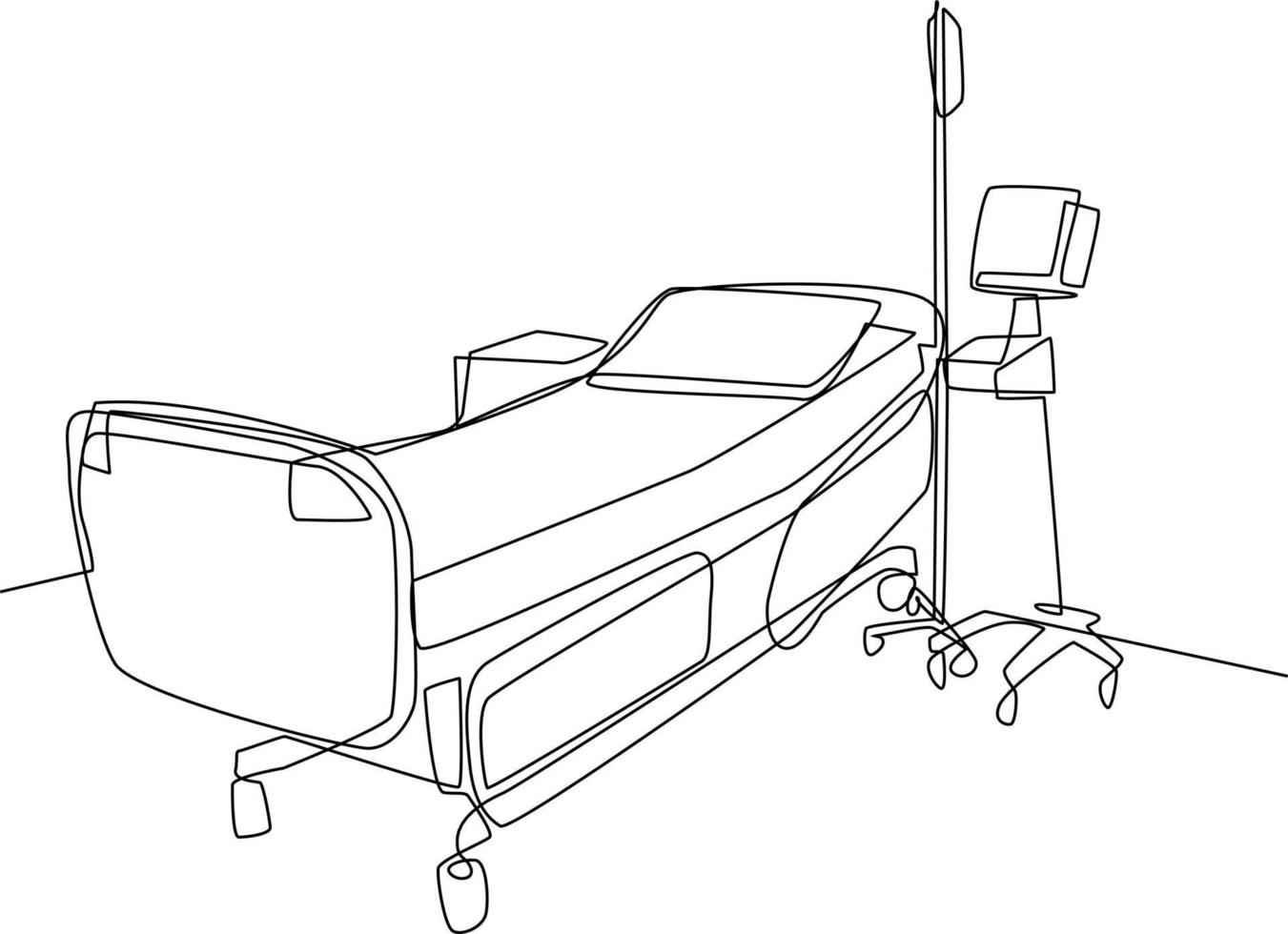 Single einer Linie Zeichnung Krankenhaus Zimmer Innere mit Bett und Klinik Ausrüstung. ein leeren Krankenhaus Zimmer Konzept. kontinuierlich Linie zeichnen Design Grafik Vektor Illustration.